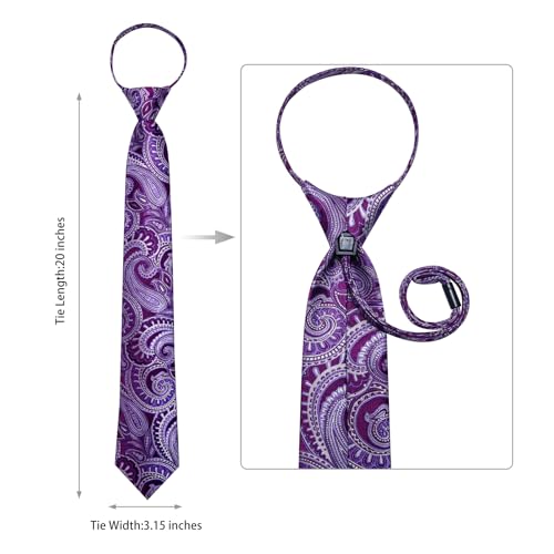 Image of DiBanGu Silk Zipper Ties for Men,Paisley Solid Plaid Pre-tied Tie and Pocket Square Cufflinks Set Formal Adjustable Necktie