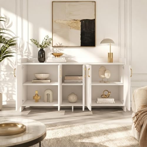 Image of Spyder Craft Mid-Century Modern 5-Door Sideboard Buffet - Geometric Diamond Pattern Credenza with Gold Hardware & Tapered Legs - Large Wood Storage Cabinet for Living Room, Dining Room- White