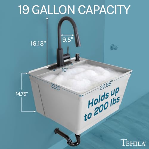 Image of JS Jackson Supplies Tehila Grey Wall-Mounted Utility Sink Tub Kit with Black Pull-Down Faucet, Wall-Mounted Utility Tub with Wall Bracket for Laundry Room, Garage, Workshop