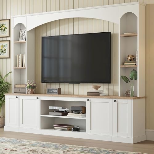 Image of JIJIWANG 91 inch Arched Entertainment Center with Bookshelf for TVs Up to 70 inch, Large Wall Unit Tv Stand with Storage Adjustable Shelves Doors for Living Room White