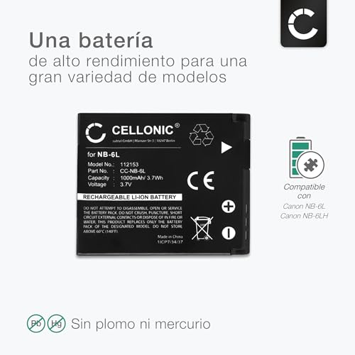 Ficha técnica CELLONIC 2X Batería NB-6L NB-6LH Compatible con Canon PowerShot S95 S90 SX240 HS SX260 HS SX500 IS IXUS 95 IS IXUS 105 NB-6L 1000mAh - Fernando Cortés