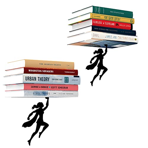Image of Floating Bookshelf - 2x Wondershelf - Invisible Wall Shelf for Books | Comic decor accent that displays a heroine-themed collection without visible mounting hardware