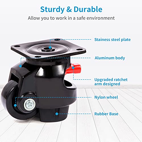 Nefish Leveling Casters Set Of 4 Heavy Duty 80F, Retractable Caster Wheel For Workbench, Ratchet Arm Design 3300 Lbs Capacity, 360 Degree Swivel Castor With Rubber Foot For Furniture, Equipment #TOP3