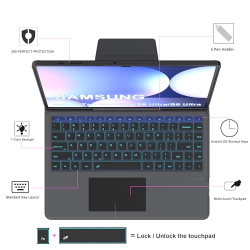 for 14.6 inch Samsung Galaxy Tab S9 Ultra /S8 Ultra Case with Keyboard - Folio Tablet Book Cover with Touchpad - 7 Color Backlit Keyboard Case with S Pen Holder for Tab S8 Ultra/S9 Ultra 14.6" Black