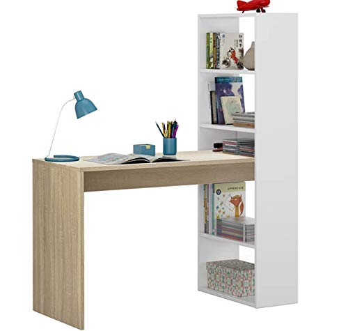 Dmora Wendbarer Schreibtisch mit Bücherregal mit fünf Regalen, Farbe Weiß und Eiche, Maße 120 x 144 x 53 cm