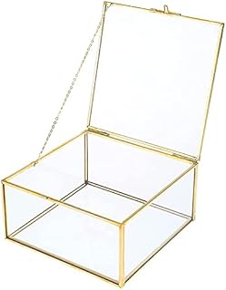 Homtone Copper Golden Vintage Glass Display Box, Decorative Jewelry Keepsake Display Organizer Clear Rectangle Golden Box for Wedding Party (16x16x8cm)