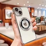 Compatible with iPhone 15 Case,Magnetic Compatible with Magsafe,Glass Lens Camera Protector,Logo View Hard Luxury Phone Cases for iPhone 15 for Women Men Transparent Cover (Silver)