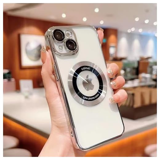 Compatible with iPhone 15 Case,Magnetic Compatible with Magsafe,Glass Lens Camera Protector,Logo View Hard Luxury Phone Cases for iPhone 15 for Women Men Transparent Cover (Silver)