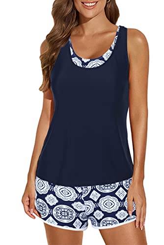 Women 3 Piece Swimsuits Athletic Bathing Suits Swim Tank Top with Boy Shorts and Bra Tummy Control Modest Swimwear (Blue,Large,Female,Adult,US,Alpha,Large,Regular,Regular)