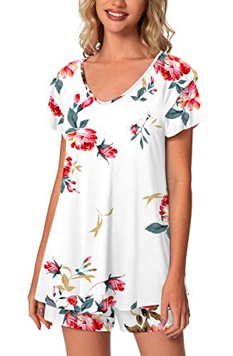 Aodemo Womens Summer Pajama Sets Ruffle Sleeve Sleepwear Ladies Nightwear Pjs Lounge With Pockets M, Floral White #TOP30