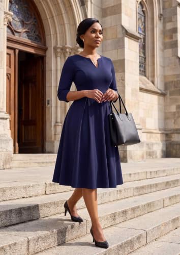 Image of Nmoder Midi Church Dress for Women A-Line Casual Work Dress | Flattering high-waist, 3 /4 sleeve work wedding guest dress with pockets, back zipper for easy on /off