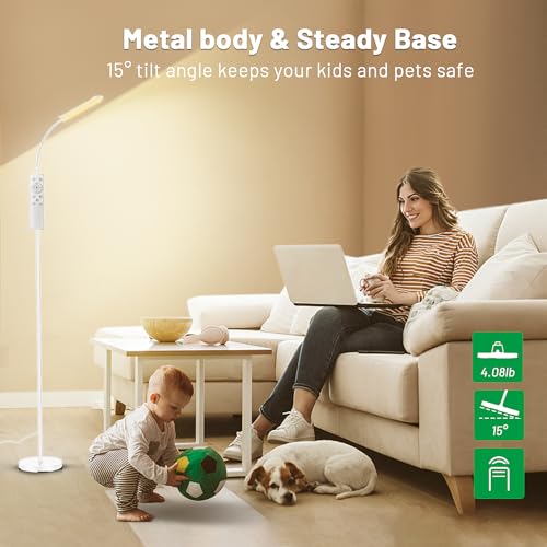 Image of Yikuneng Dimmable LED Floor Lamp, Super Bright Reading Lamps Floor Standing Lamp with Remote & Touch Control, Stepless Dimming & 2700K-6500K Color Temperature, for Living Room Bedroom Office, White