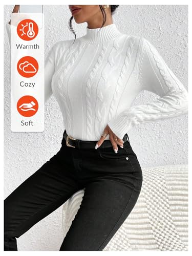 Image of BEAUDRM Women's Cable Knit Sweater Mock Neck Long Sleeve Casual Pullover Top White X-Small