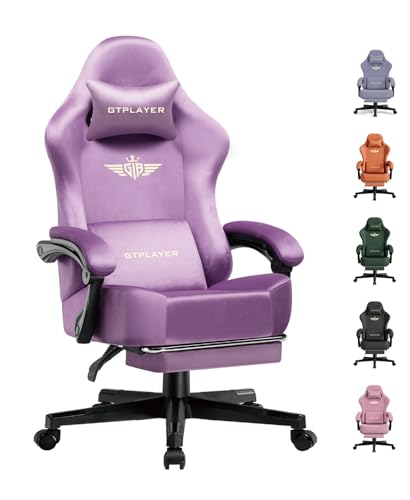 Image of GTPLAYER Gaming Chair Fabric with Pocket Spring Cushion, High Back Ergonomic Computer Chair with Footrest for Adults Lumbar Support Swivel Game Chair for Office Gaming 350LBS, Light Purple