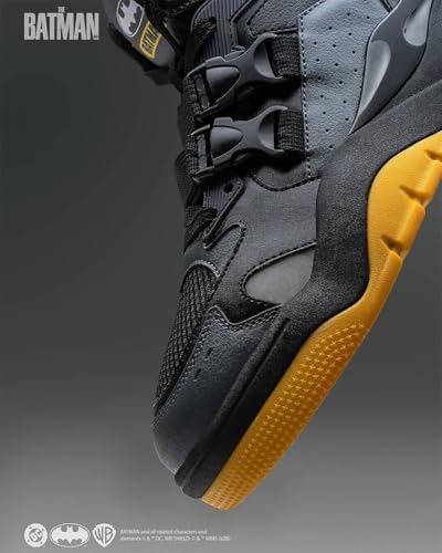 Image of Bacca Bucci Men's Batman-Inspired High-Top Sneakers | Chunky Streetwear Shoes with Mesh Panels, Buckle Strap Detail, Black Grey Yellow Colorway | Casual Statement Shoes