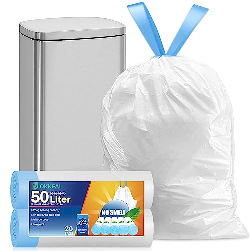OKKEAI 50l Bin Bags Kitche Bin Liners Heavy Duty Waste Bags Large Garbage Bags Tall Swing Rubbish Bags 20 Counts Plastic White Trash Bags with Drawstring Tie Handle Fit 40-60 Liter Bin