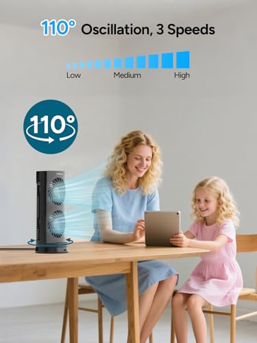 Image of DR.PREPARE Desk Fan USB DC Tower Cooling Fan with Remote Control, DC Motor Portable Oscillating Fan, 3 Speeds, Dual Air Circulation, 110 Oscillation, Table Fan for Bedroom Dorm Room Office Desktop