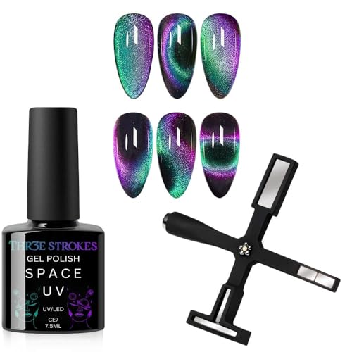 Image of THR3E STROKES 9D Cat Eye Gel Nail Polish 7.5ML - Glitter Magnetic Gel with 3D Shimmering Effect - 5 in 1 Magnet Set - UV /LED Soak Off Gel for Nail Art & DIY Manicure at Home (CE7)