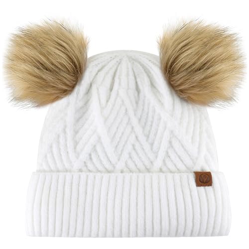 Kids Winter Hats and Scarf Sets Baby Beanie Double Pom Pom Toddler Winter Hat for 2-12 Year Old Boys and Girls.2