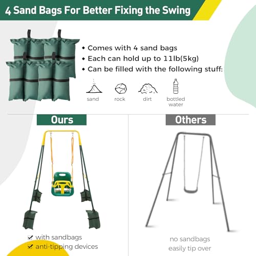 FUNLIO 3-in-1 Swing Set for Toddler with 4 Sandbags, Heavy-Duty Kid Swing Set with Safety Harness for Backyard, Indoor/Outdoor Play, Folding Metal Stand & Instruction, Easy to Assemble & Store - Green by FUNLIO - Image 4
