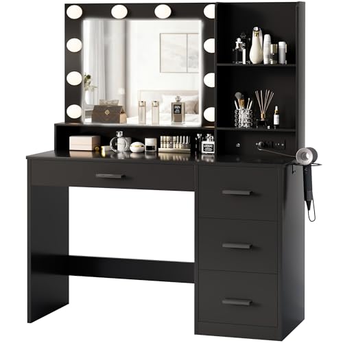 YESHOMY Vanity Desk with Mirror, Power Outlet and 10 Lights, Makeup Table with 4 Drawers, 3 Color Modes Available for Bedroom, Pure Black, 39x15.75x59.41 inch