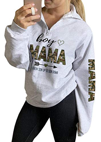 TAIUICY Women Leopard Print Boy Mama Zip Up Sweatshirt Funny Mom Heart Graphic High Collar Quarter 1/4 Zip Coat For Mother (White 3 XXL)