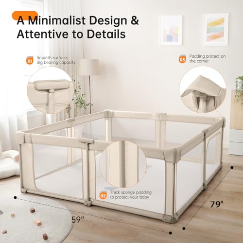 Image of Foldable Baby Playpen,Portable Indoor & Outdoor Playpen for Babies and Toddlers,59 inchx79 inchExtra Large Play Pen with Gate,Collapsible Baby Fence with Travel Bag(Light Khaki)