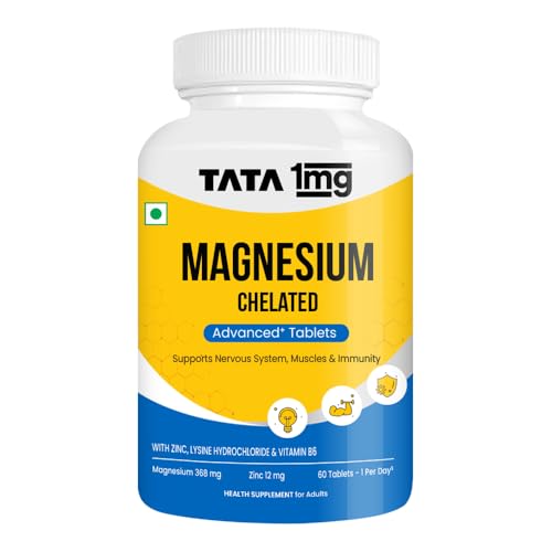 1MG Tata Chelated Magnesium Plus Tablets with Zinc & Vitamin B6-60 Tablets | High Absorption Magnesium Supplement for Women & Men | Supports Nervous System, Muscle Recovery & Immunity