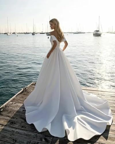 Off Shoulder Satin Prom Dresses Ball Gown Plus Size Formal Dresses for Women Wedding Dress with Slit3
