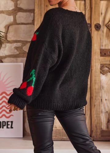 Image of chouyatou Women's Cute Y2K Cherry Tie Knot Cardigan Casual Loose Crewneck Chunky Knit Sweater Cardigan