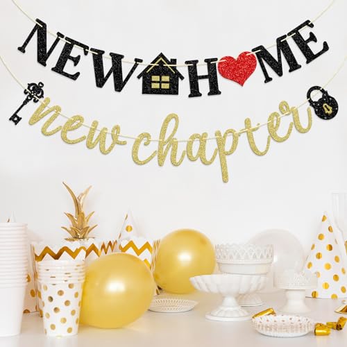New Home New Chapter Banner, Pre-strung New Home Banner, Housewarming Party Decorations, Home Decor, Black & Gold Glitter - Image 4