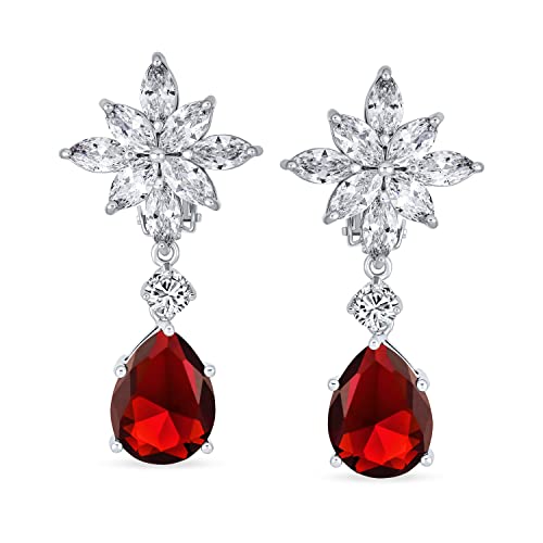 Bridal Art Deco Style Cluster Floral Aaa Cz Red Statement Dangle Teardrop Chandelier Clip On Earrings For Women Simulated Ruby Silver Plated #TOP1