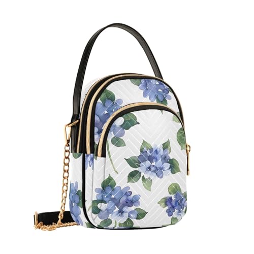 Chain Crossbody Bags for Women Watercolor Blue Hydrangeas Pattern Quilted Shoulder Handbags Travel Cross Body Cell Phone Purses Bags2