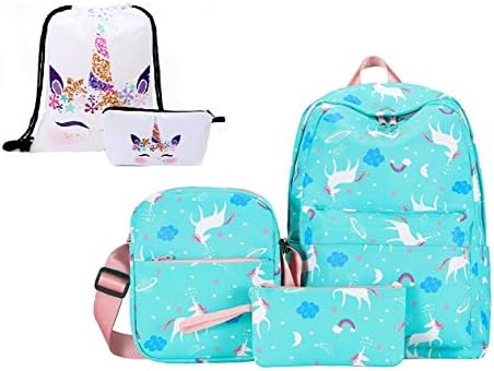 Fanovo 5 PACK School Backpack for Girls Unicorn Backpack for Kids Children Lightweight School Bag Rucksack + Unicorn Shouler Bag/Drawstring Daypack/Pencil Case/Mini Bag (S - 5 Pack Green)