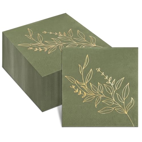 Eaasty 100 Pack Olive Green Napkins with Gold Foil Leaves, Straight