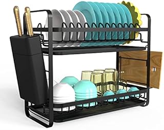 AKTETCN Dish Drainer 2 Tier Dish Rack 38*16*30cm Large Rustproof Dish Drying Rack with Utensil Holder, Cutting Board Pot Lid Holder Drainboard Set for Kitchen Counter Cabinet