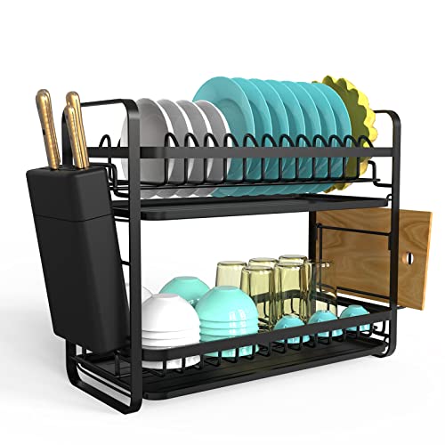 AKTETCN Égouttoir à Vaisselle à 2 Niveaux 38 x 16 x 30 cm Grand Sechoir Vaisselle avec Support à Ustensiles, Planche à Découper, Couvercle de Casserole, Ensemble d' Égouttoir pour Comptoir de Cuisine Cover