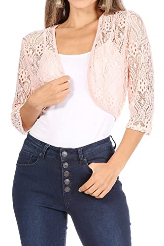 Women's Casual Lace Bolero Crochet Open Front Cardigan Sheer 3/4 Sleeve Cover Up Jacket
