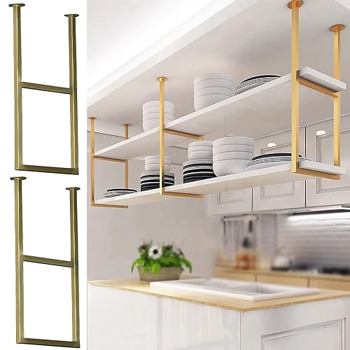Ceiling Mount Shelf (No Plank), 11.8in x 23.6in Square Tube Shelf Bracket with Install Screw Kit, Metal Hanging Shelf, for Kitchen (Color : Gold, Size : 2 Pack)