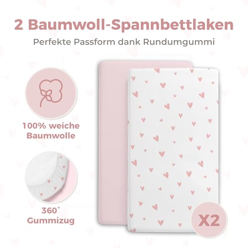 Dreamzie Set 2 Spannbettlaken Kinderwagen + 1 Matratzenschoner Babybett - 100% Baumwolle & Wasserdicht - 50x83 cm Heart