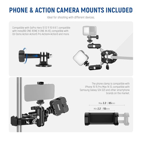 Image of NEEWER Heavy Duty Super Clamp with Two 360 Dual Ball Head Magic Arms, 1 /4 inch 3 /8 inch Screw Threads, Phone & Action Camera Mount Adapter for Flat /Round Surface Compatible with GoPro DJI Insta360 DSLR