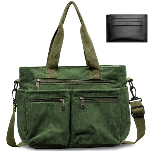 Hoseay Sac à Main Velours Côtelé Sac Bandoulière Multipoches Sac Cabas Grande Capacité Sac Fourre-Tout Tote Bag pour Travail École Voyage Shopping, Vert