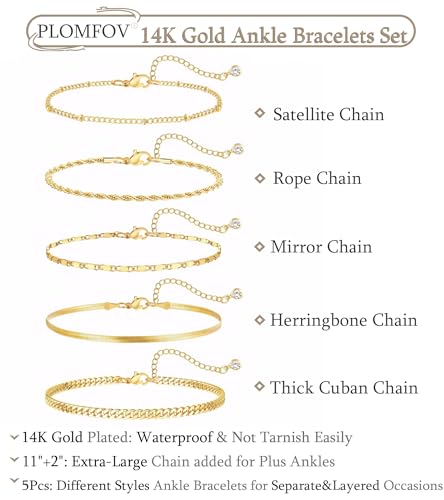 Image of Plus Size Gold Ankle Bracelets for Women Big Ankles, Adjustable Ankle 14K Real Gold Plated Cuban Link Chain Figaro Snake Herringbone Extra Large Anklet Bracelets,Summer Beach Foot Jewelry 10-12inch