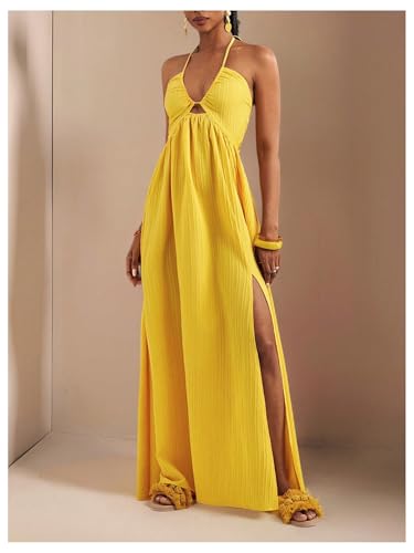 SOLY HUX Women's Summer Halter Maxi Dress Sleeveless V Neck Split A Line Flowy Long Dresses Vacation Sundress3