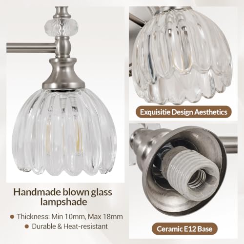 Image of ANDY STAR 3-Light Brushed Nickel Bathroom Vanity Light, Transitional Sconce | Ribbed Glass & Crystal Accent, Damp-Resistant, Ceramic E12 Base, Reversible Up /Down Mounting
