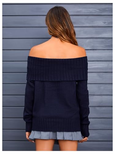 Image of MakeMeChic Women's Long Sleeve Sweater Off The Shoulder Rib Knitted Tops Loose Knitwear Blue Medium
