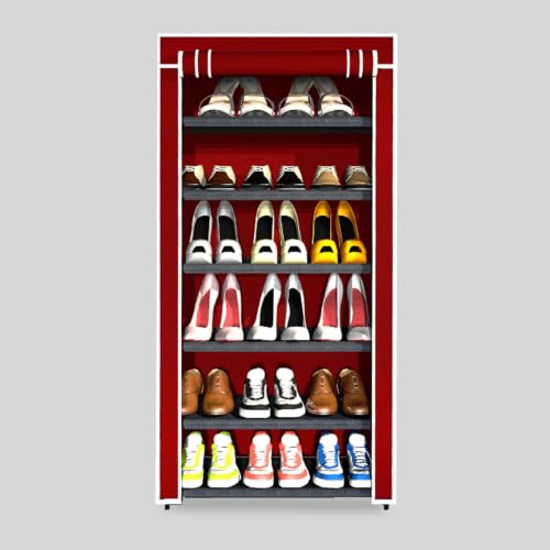 Image of YouCopia Shoe Rack for Home Non Woven Fabric - DIY Multipurpose Shoe Rack Organizer, 6-Layer Shoe Rack for Home -Shelf with Dustproof Door Entryway for Heels /Slippers /Boots (Maroon, 6-Layer)