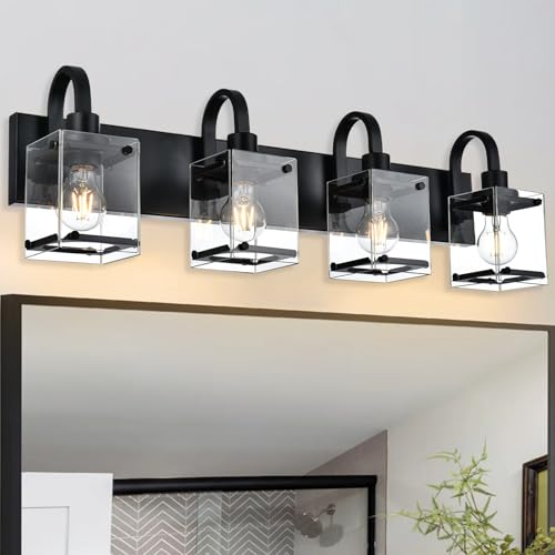 Image of Black Vanity Light Bathroom Lighting Fixtures 4 Light Sconces Wall Lighting Mid Century Rustic Vanity Lights with with Glass Shade Porch Cage Wall Lamp for Mirror, Living Room, Bedroom