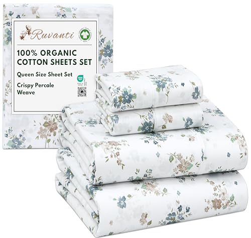 RUVANTI 100% Organic Cotton Sheets Queen Size, Percale Weave, GOTS Certified, 4-Piece Set, Deep Pocket 15', Crisp & Breathable, Soft Durable Bedding, Sábanas Algodón Orgánico – Halcyon