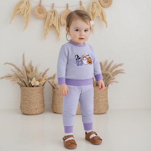 Karuedoo Toddler Baby Boy Girl Halloween Outfit Pumpkin Ghost Embroidery Stripe Long Sleeve Waffle Sweatshirt and Pants Set3
